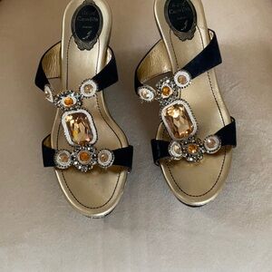 RENE CAOVILLA JEWELED GOLD AND BLACK PLATFORM WEDGE SHOE 40 9 9.5 10